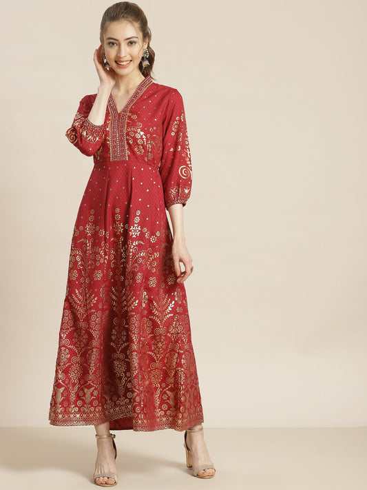 Juniper Womens Maroon Rayon Foil Printed Kalidar Maxi Dress With Mirror Embroidery