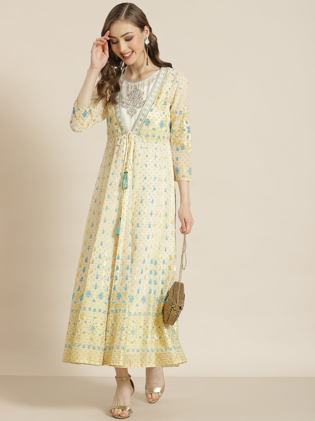 Juniper Women Ivory Georgette Printed Jacket Style Dress