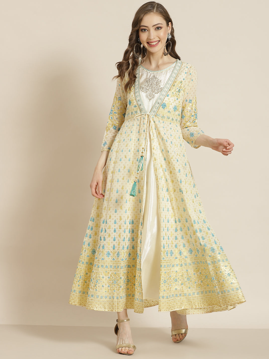 Juniper Women Ivory Georgette Printed Jacket Style Dress