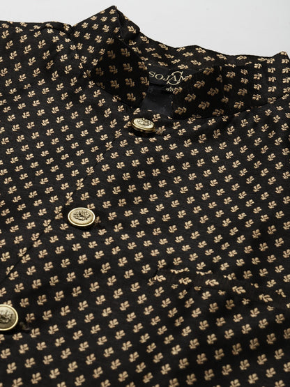Sojanya Men Black Solid Kurta with Churidar & Nehru Jacket