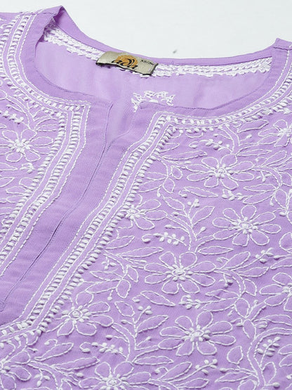 ADA Women Purple & White Ethnic Motifs Embroidered Chikankari Georgette Kurta