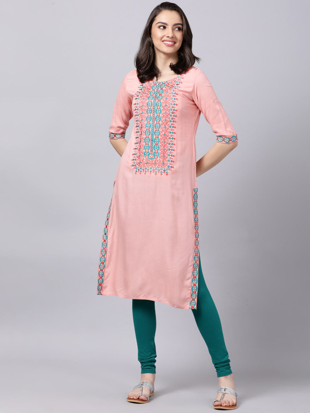 Souchii Women Peach-Coloured & Blue Ethnic Motifs Yoke Design Thread Work Pastels Kurta