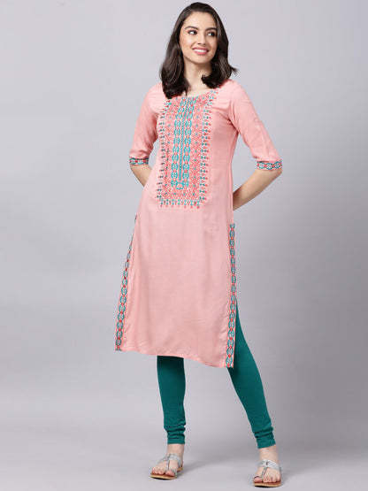 Souchii Women Peach-Coloured & Blue Ethnic Motifs Yoke Design Thread Work Pastels Kurta
