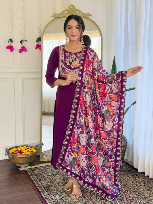 The52 Women's Viscose Chanderi Fabric Straight Kurta, Pant and Dupatta Set