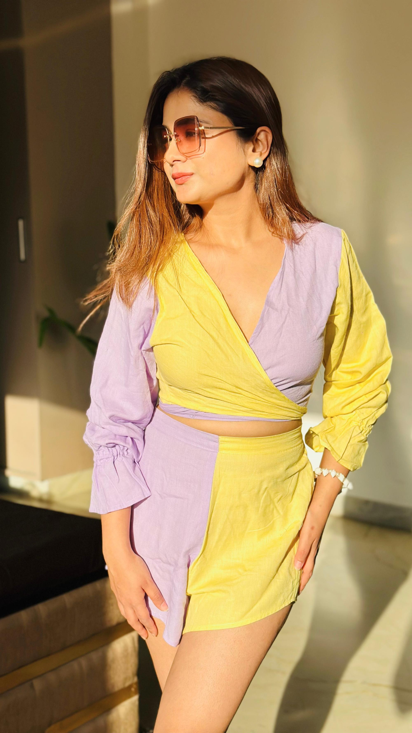 Noroke Sustainable fabric | Linen Cotton Front Tie Linen Co-Ord Set Women - Purple Yellow
