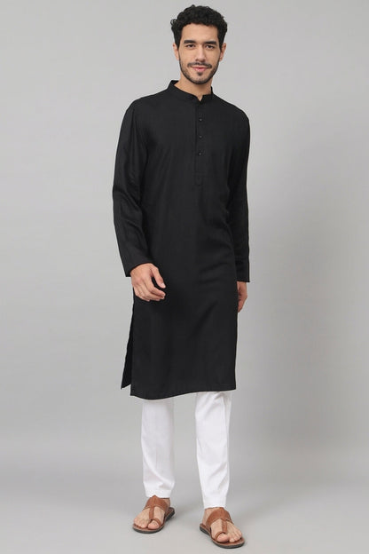 Giza Cotton Black Plain Kurta by Hilo Design