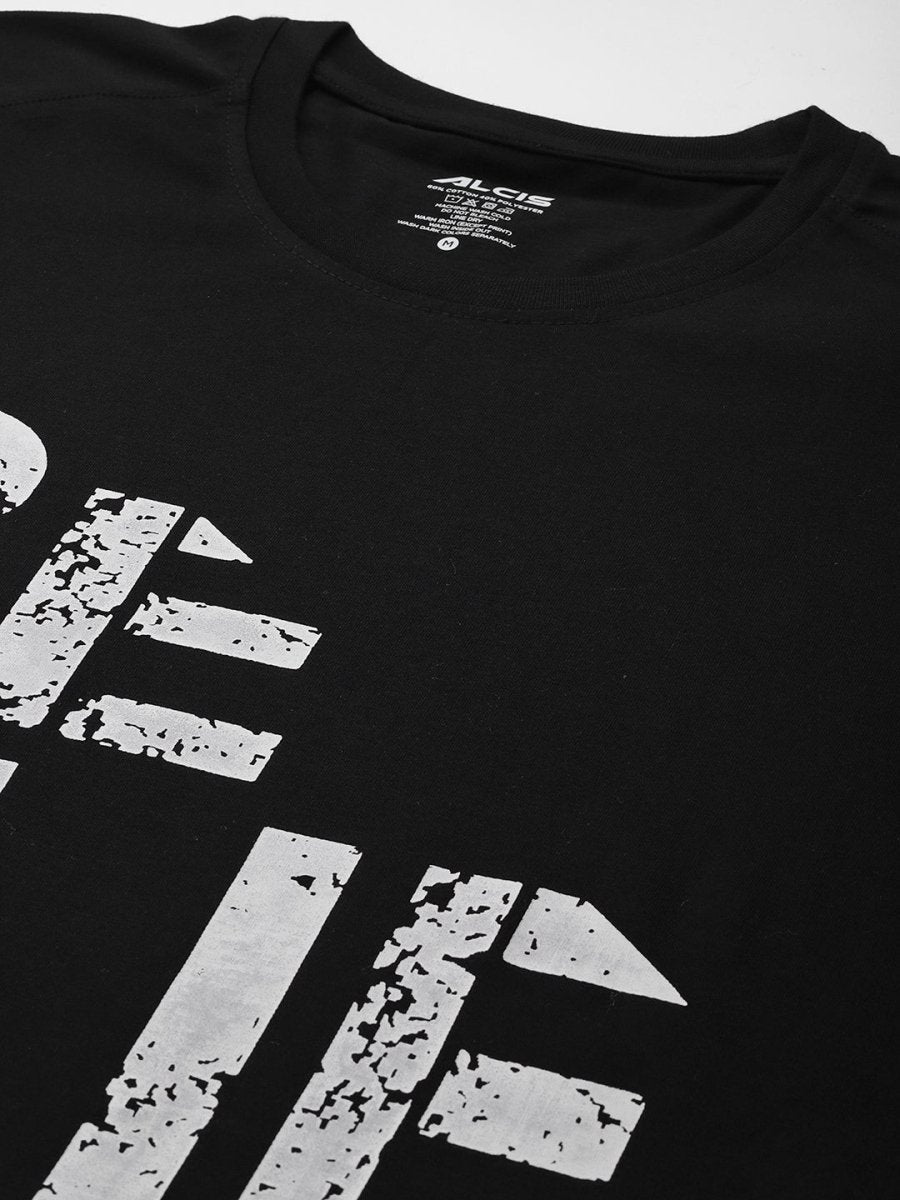 Alcis Men Black & White Typography Printed T-shirt