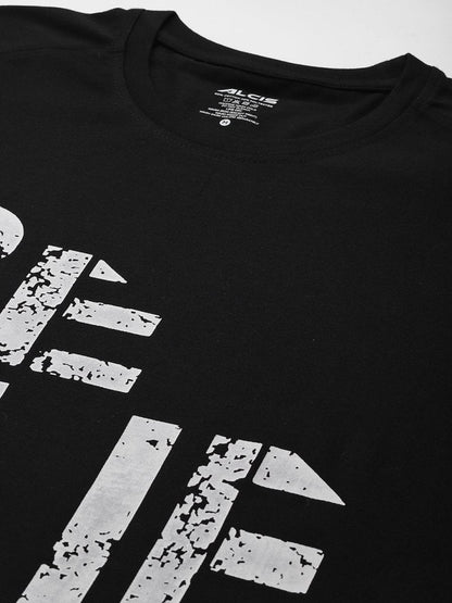 Alcis Men Black & White Typography Printed T-shirt