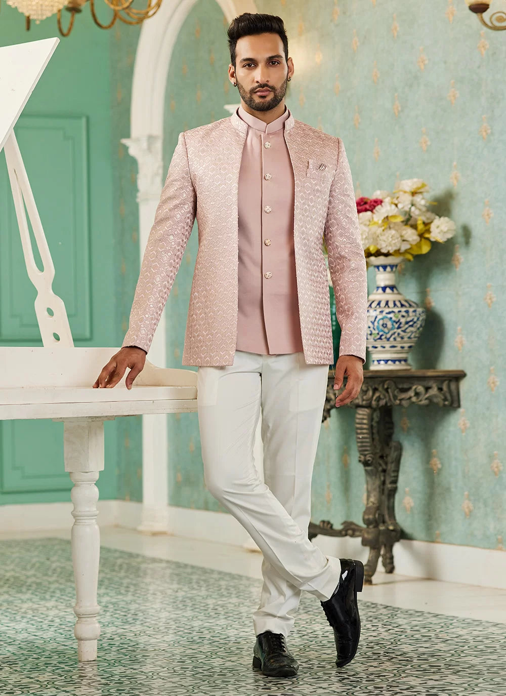 Raivat Ethnic Art Silk Embroidery and Thread Work Jodhpuri in Onion Pink Colour