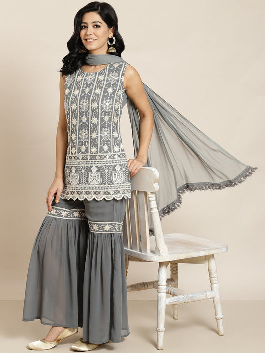 Juniper Womens Grey Georgette Embroidered Kurta With Santoon Lining, Solid Embroidered Garara & Shiffon Solid Dupatta Set