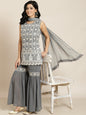 Juniper Womens Grey Georgette Embroidered Kurta With Santoon Lining, Solid Embroidered Garara & Shiffon Solid Dupatta Set