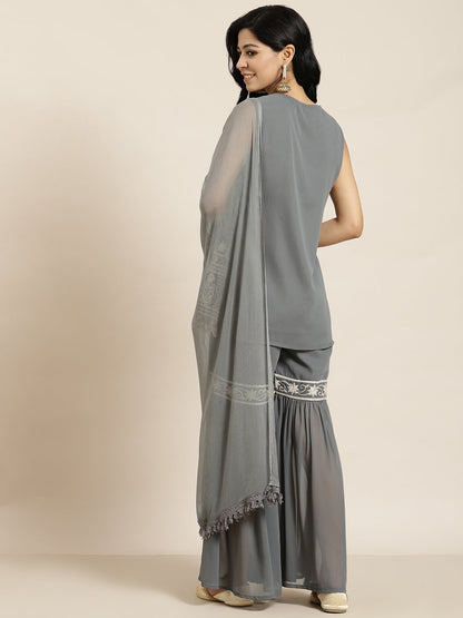 Juniper Womens Grey Georgette Embroidered Kurta With Santoon Lining, Solid Embroidered Garara & Shiffon Solid Dupatta Set