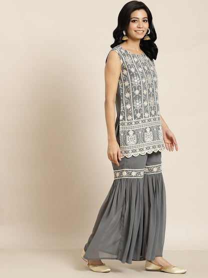 Juniper Womens Grey Georgette Embroidered Kurta With Santoon Lining, Solid Embroidered Garara & Shiffon Solid Dupatta Set