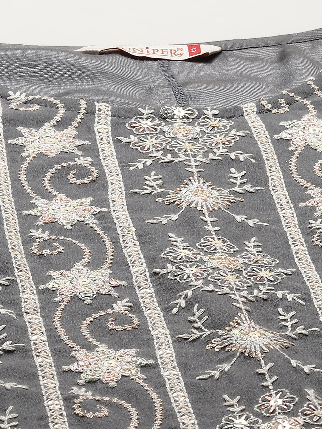Juniper Womens Grey Georgette Embroidered Kurta With Santoon Lining, Solid Embroidered Garara & Shiffon Solid Dupatta Set