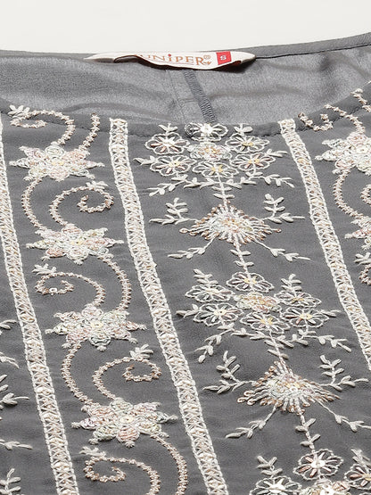 Juniper Womens Grey Georgette Embroidered Kurta With Santoon Lining, Solid Embroidered Garara & Shiffon Solid Dupatta Set