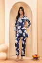 Vaasva Women Navy Pleated Cotton Printed Cord Set With Lace
