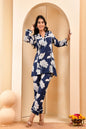 Vaasva Women Navy Pleated Cotton Printed Cord Set With Lace