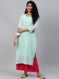 ADA Women Sea Green Chikankari Hand Embroidered Straight Kota Handloom Kurta With Matching Slip
