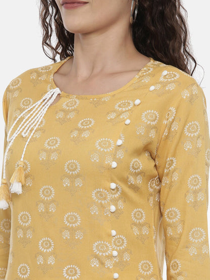 Souchii Mustard Yellow & Off-White Printed Kurta with Trousers