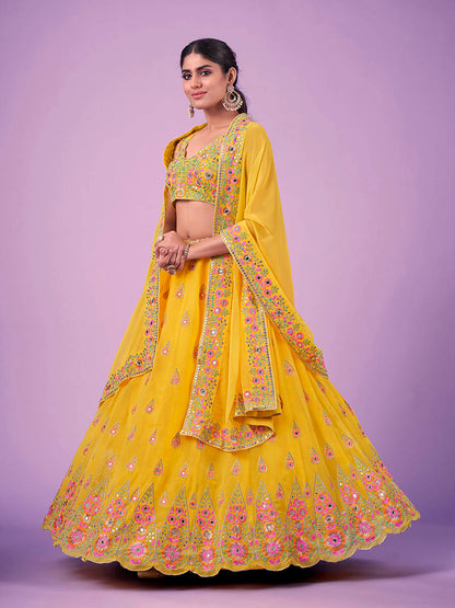 Myra Yellow Georgette Embroidered Designer Lehenga