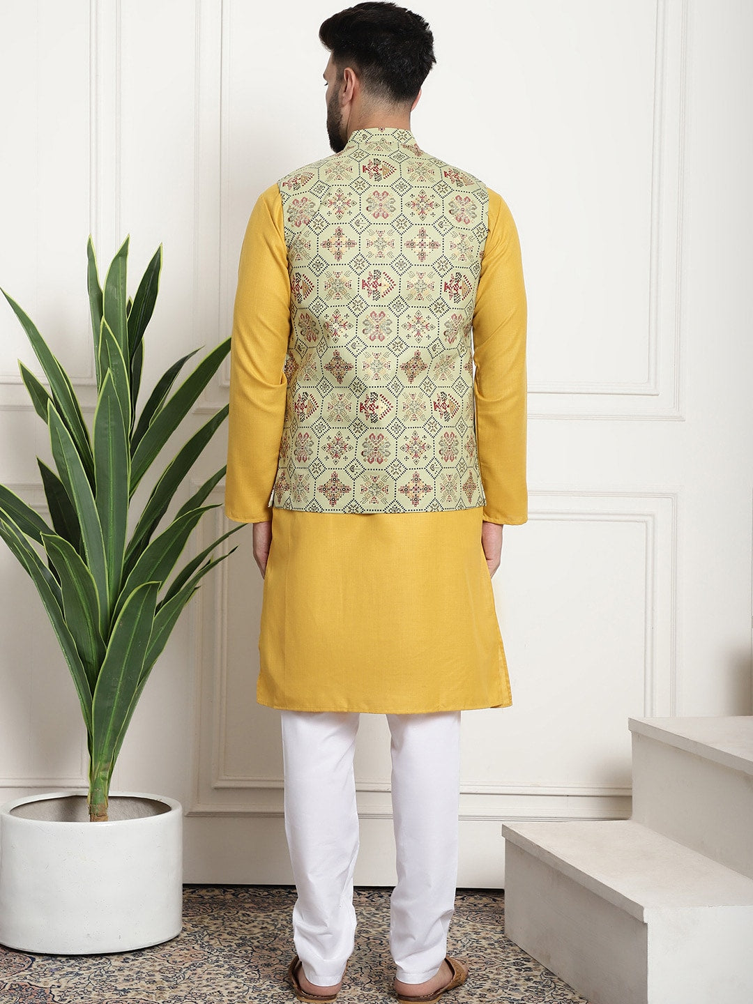 Sojanya Men Mustard Yellow Pure Cotton Kurta with Churidar & Nehru Jacket