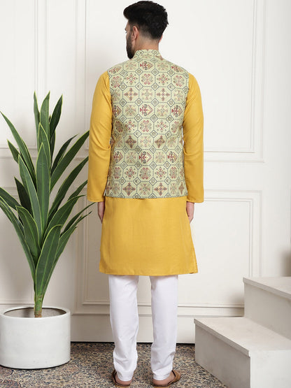 Sojanya Men Mustard Yellow Pure Cotton Kurta with Churidar & Nehru Jacket