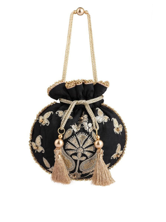 Masq Black & Gold-Toned Embroidered Potli Clutch