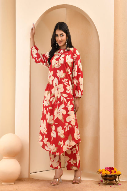 Vaasva Women Cherry Red Floral Aline Printed Cord Set