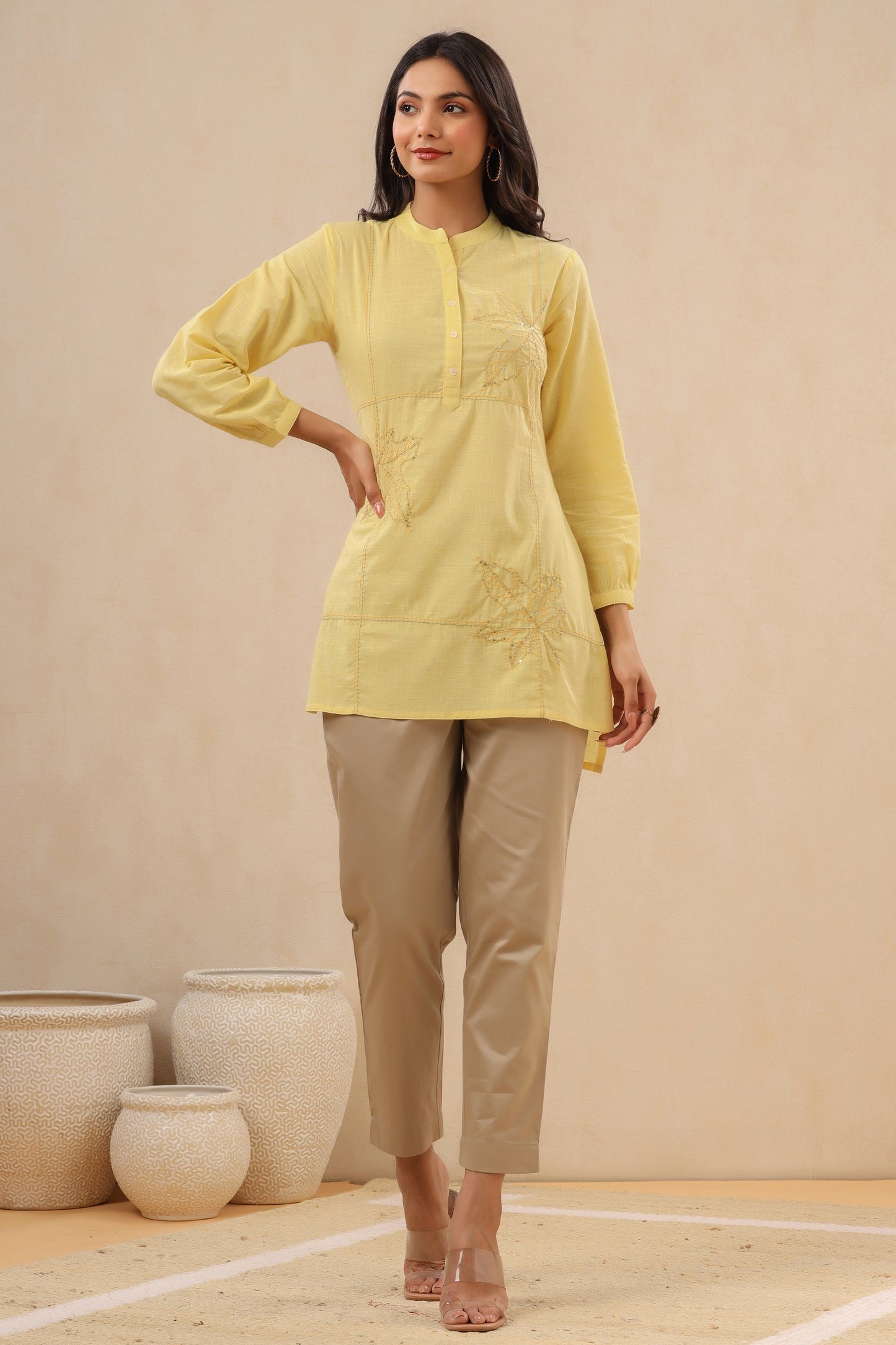 Juniper Womens Yellow Cotton Slub Embroidered High Low Tunic
