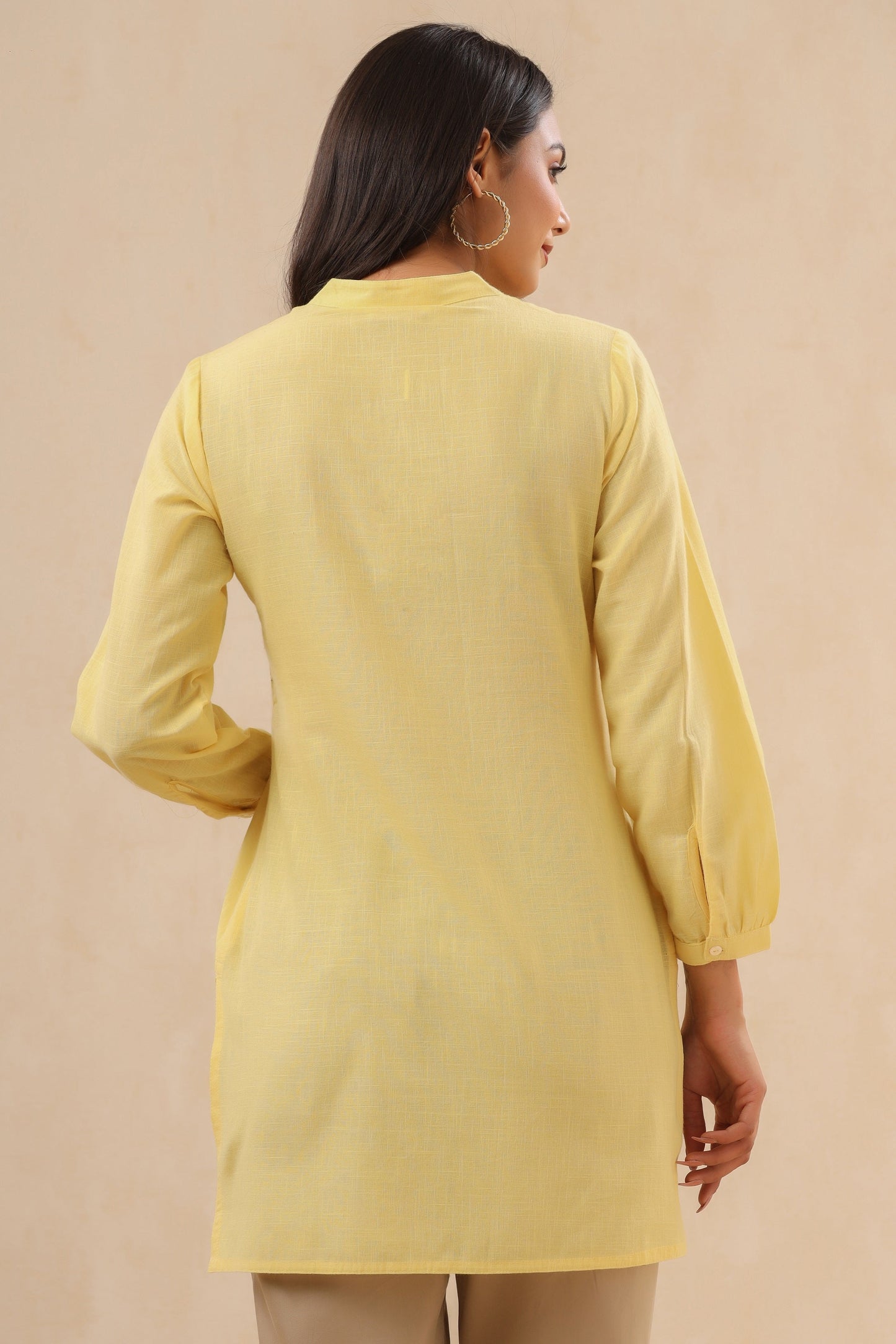 Juniper Womens Yellow Cotton Slub Embroidered High Low Tunic
