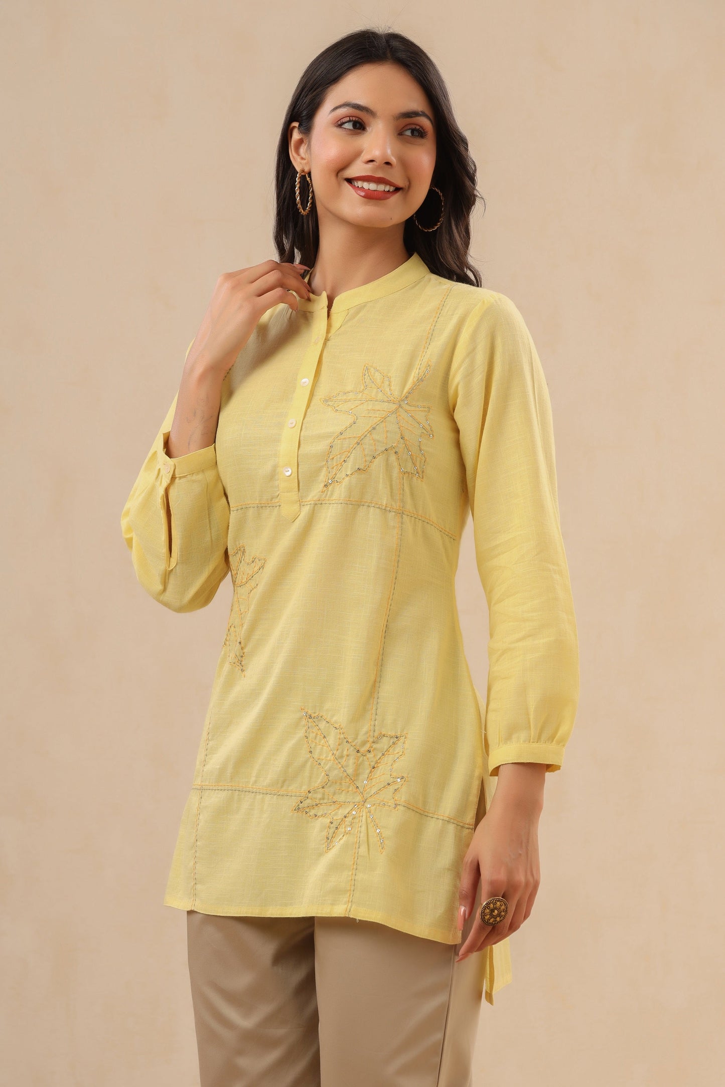 Juniper Womens Yellow Cotton Slub Embroidered High Low Tunic