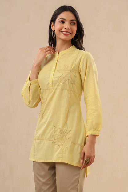 Juniper Womens Yellow Cotton Slub Embroidered High Low Tunic