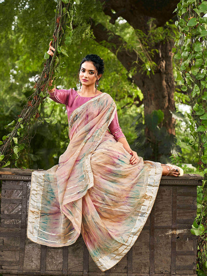 Tikhi Imli Peach Tie and Dye Gotta Patti Organza Saree
