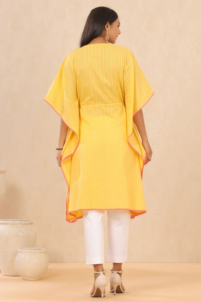 Juniper Womens Yellow Cotton Dobby Embroiderd Kaftan Kurta