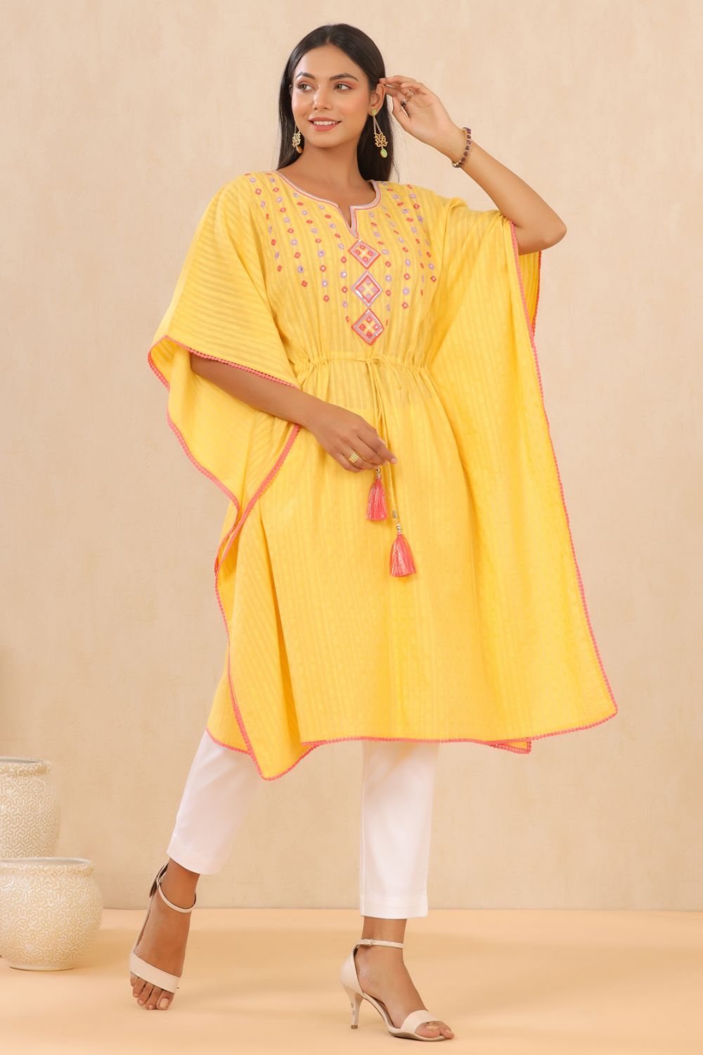 Juniper Womens Yellow Cotton Dobby Embroiderd Kaftan Kurta