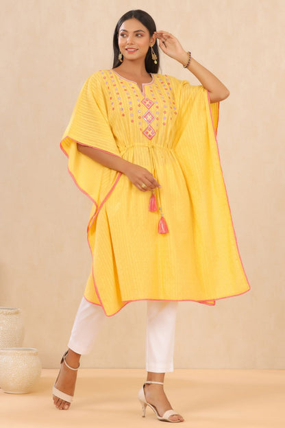Juniper Womens Yellow Cotton Dobby Embroiderd Kaftan Kurta