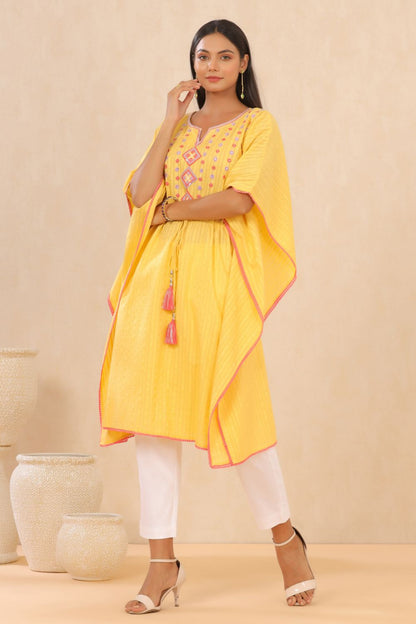 Juniper Womens Yellow Cotton Dobby Embroiderd Kaftan Kurta