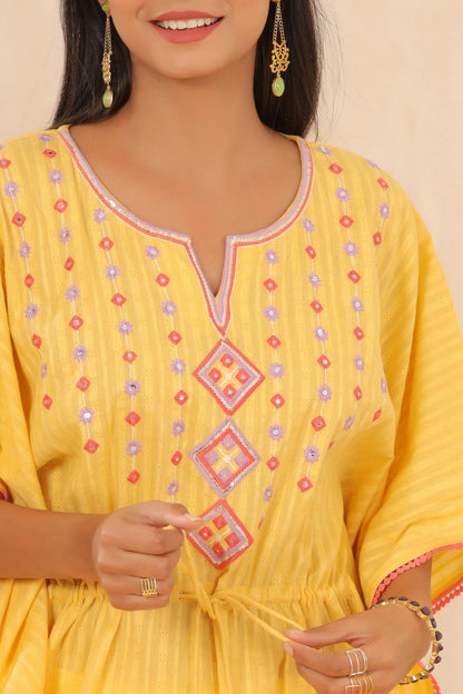 Juniper Womens Yellow Cotton Dobby Embroiderd Kaftan Kurta