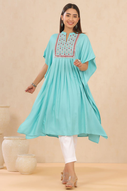 Juniper Womens Skyblue Embroiderd Rayon Dobby Kaftan