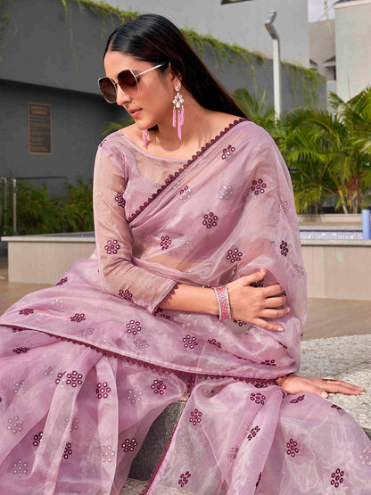 Tikhi Imli Ethnic Motifs Mirror Work Organza Saree