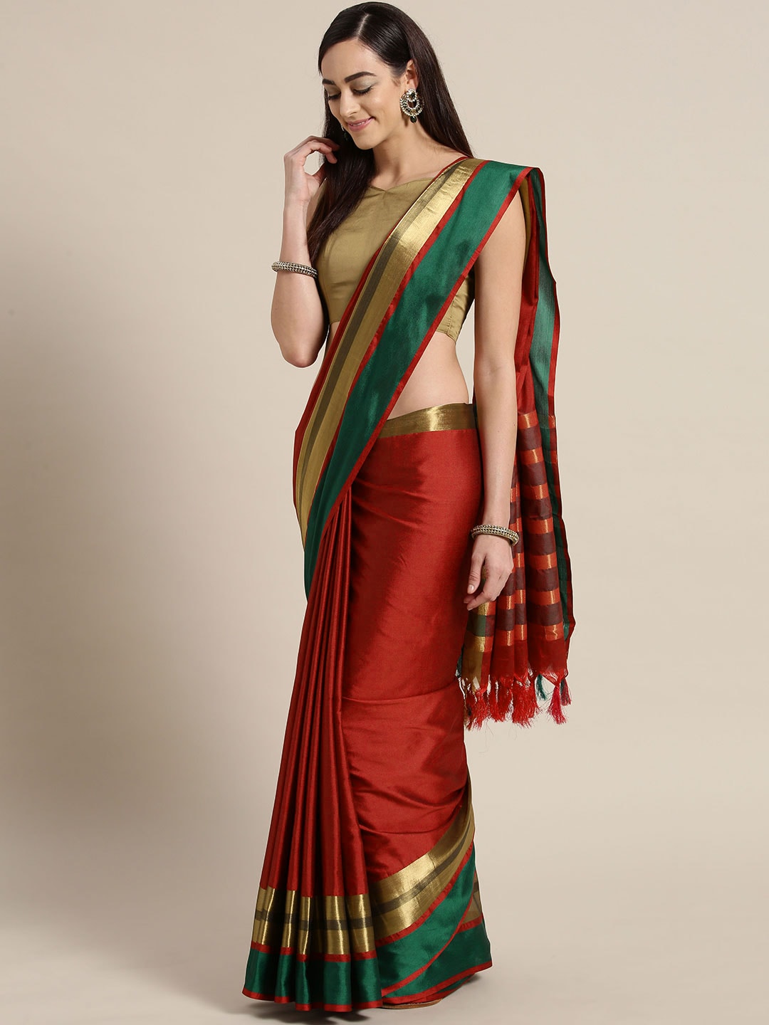 Saree Mall Red & Green Solid Saree