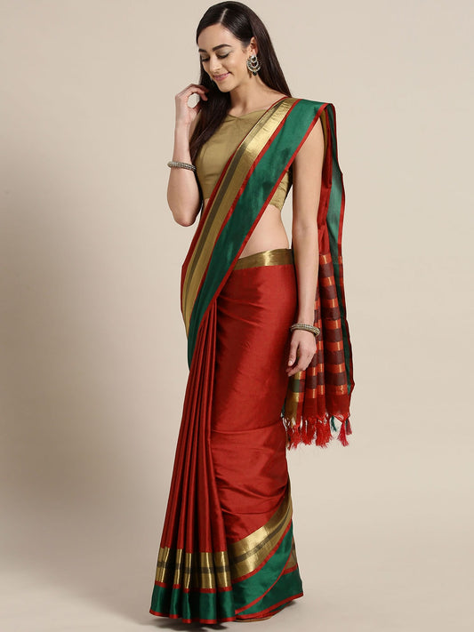 Saree Mall Red & Green Solid Saree