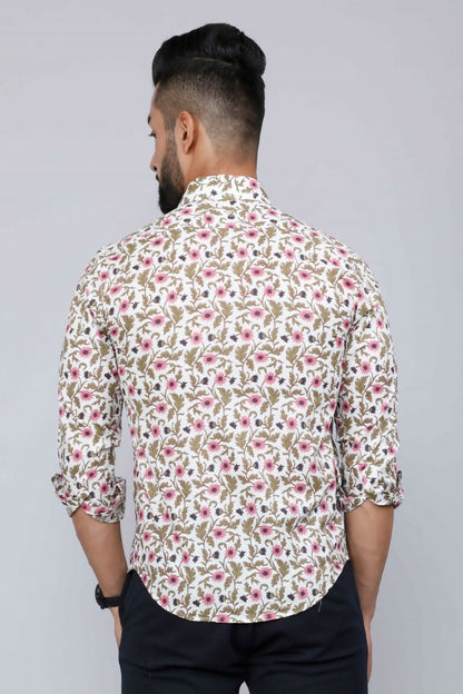 Miravan Men's Cotton Printed Full Sleeve Slim Fit Spread Neck White & Pink Colour Shirt
