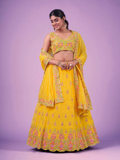 Myra Yellow Georgette Embroidered Designer Lehenga