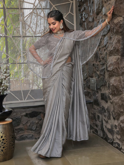 Tikhi Imli Embellished Border Sequinned Saree With Cape