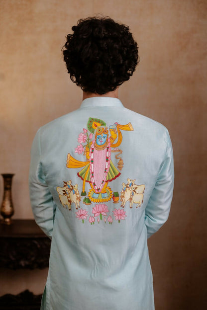Falling Raw Silk Sea Green Vrindavan Lotus Kurta By Hilo Design