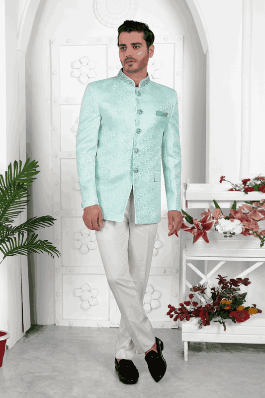 Raivat Ethnic Jacquard Silk Embroidery Work Jodhpuri In Firozi Green Colour