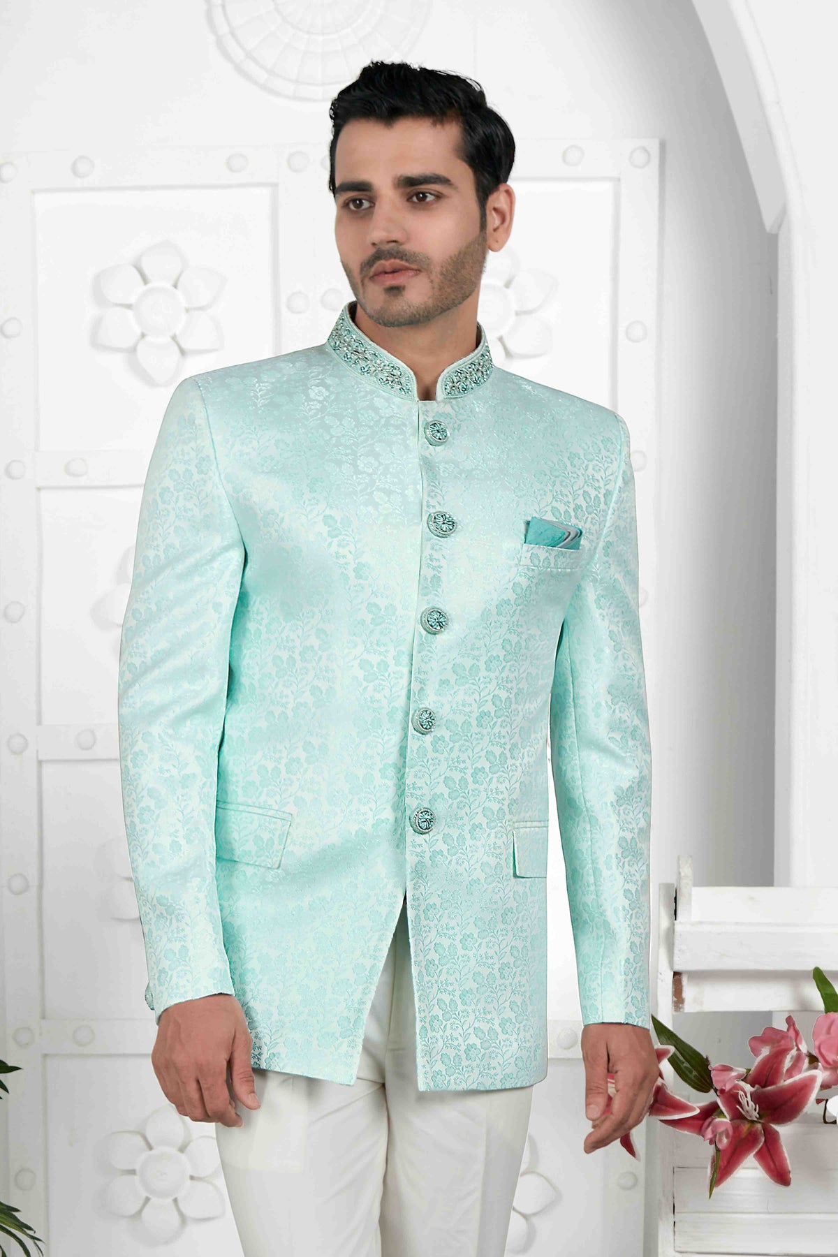 Raivat Ethnic Jacquard Silk Embroidery Work Jodhpuri In Firozi Green Colour