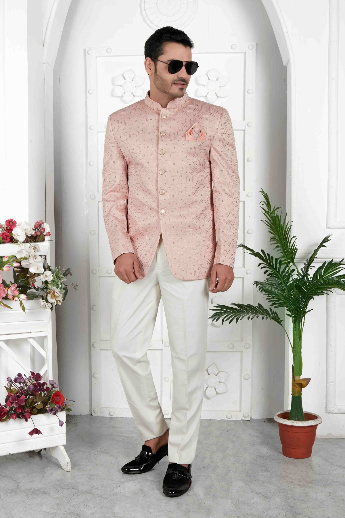 Raivat Ethnic Art Silk Thread Work Jodhpuri In Peach Colour