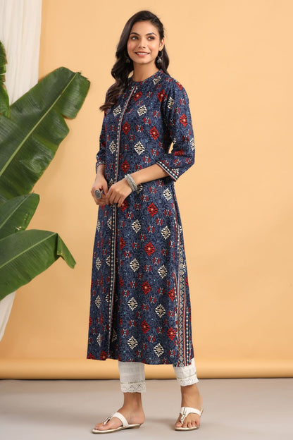 Juniper Womens Indigo Rayon Printed A-Line Kurta